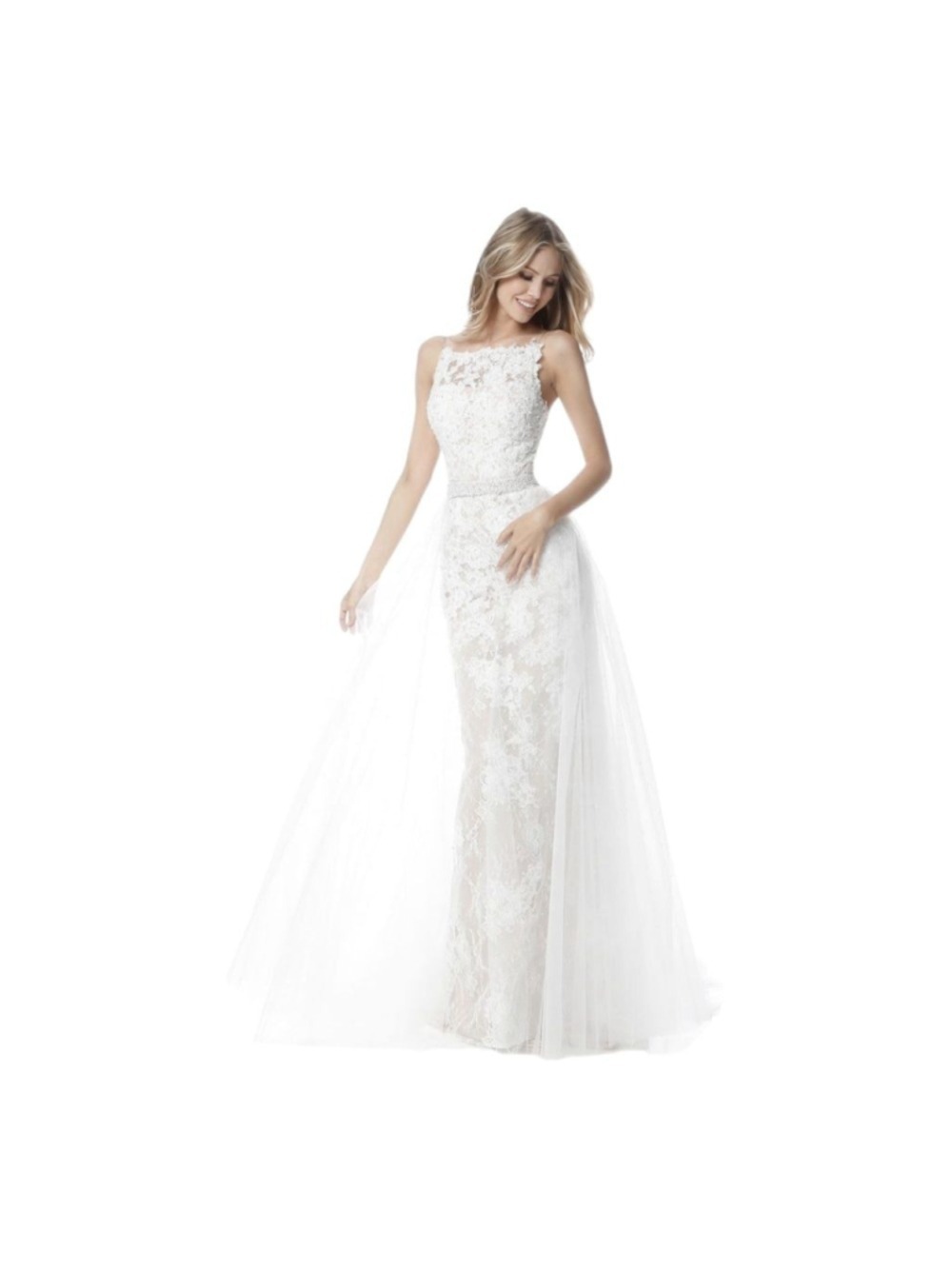 Sherri Hill White with Nude Underlay Lace Wedding Dress US 10